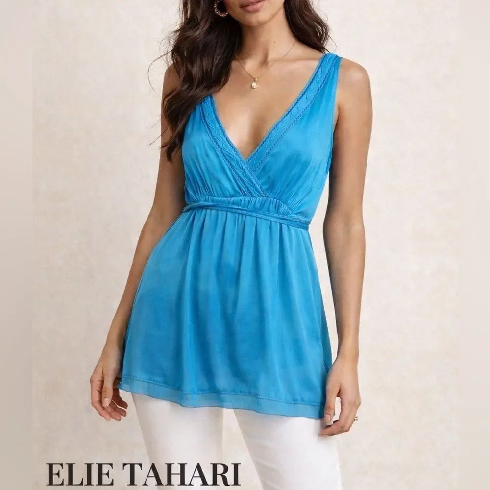 Elie Tahari Blue Silk Feel Plunge Babydoll Tunic Sleeveless Size M
